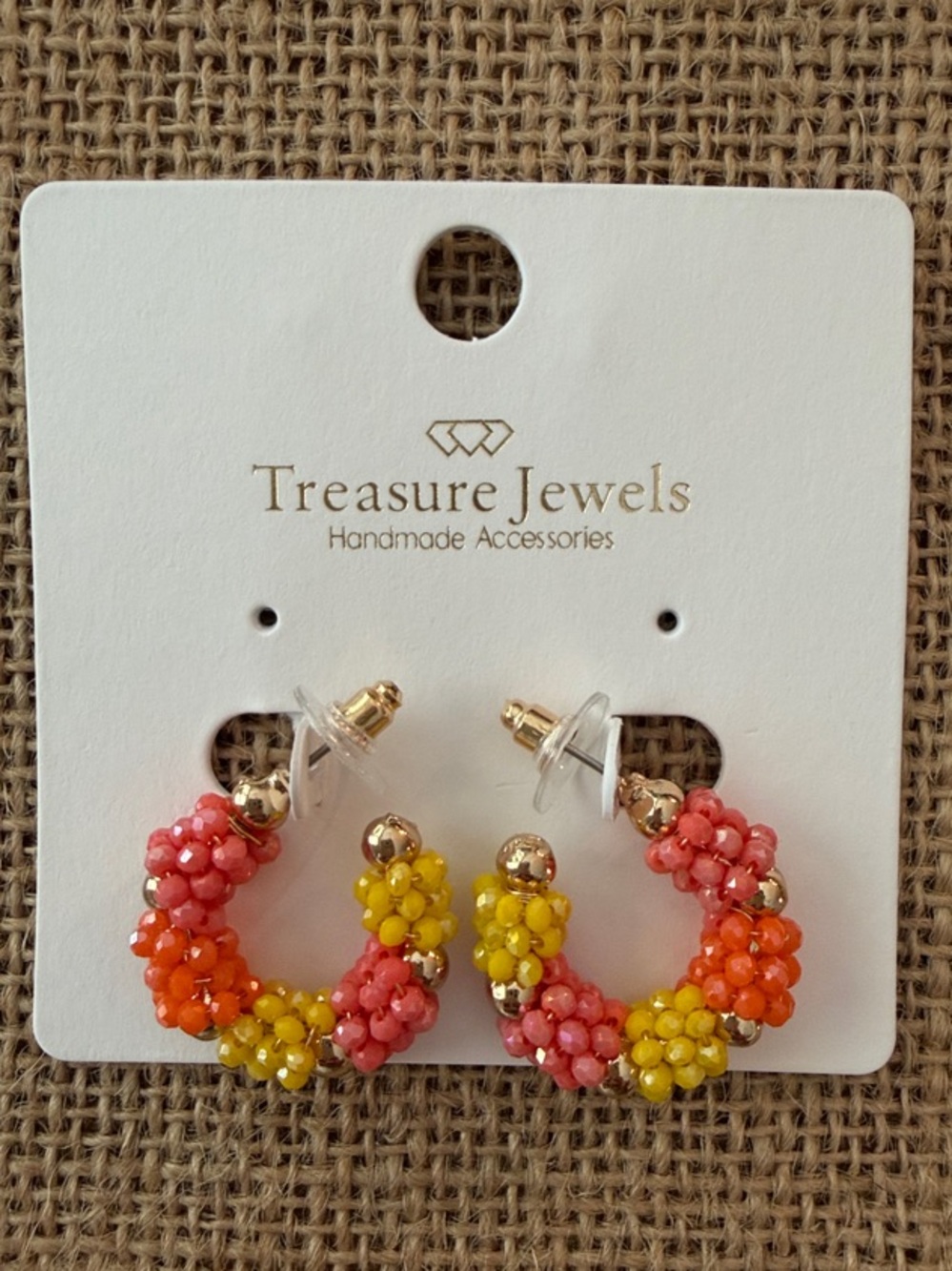Treasure Jewels Multicolor Beaded Hoop Earrings — Pink, Orange & Yellow